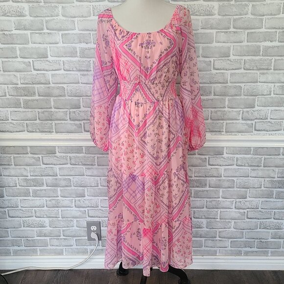 Miss Selfridge Chiffon Shirred Waist Midi Dress Pink Patchwork Cottage Feminine - Picture 1 of 9